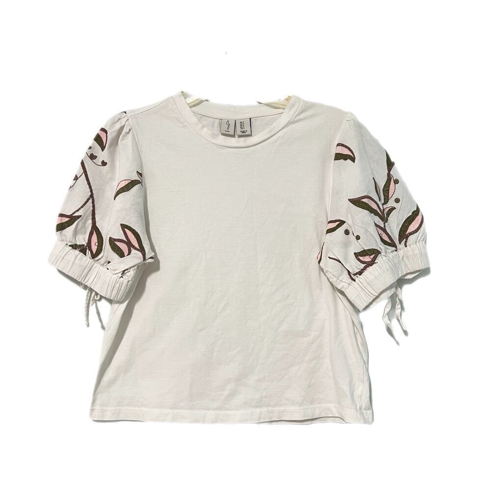 Joie Top Embroidered Puff Sleeve Cotton Flax Blend Medium Sleeve Bow Preppy